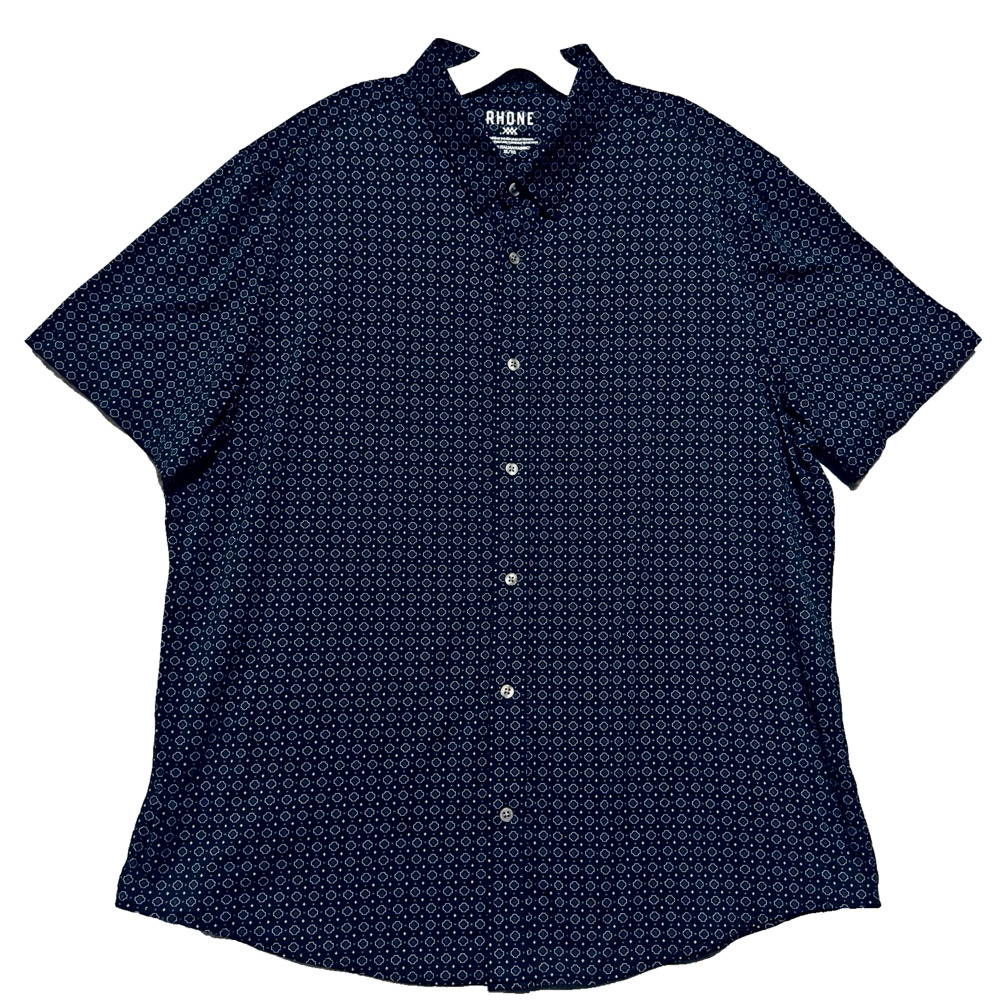 Rhone Golf Shirt Men XL Navy Blue Commuter Short Sleeve Geometric Print Stretch